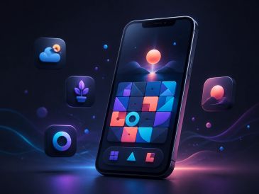 Smartphone displaying colorful mobile app icons on a dark digital background.