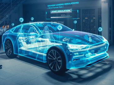 Woman interacting with a holographic car simulation in a futuristic lab.