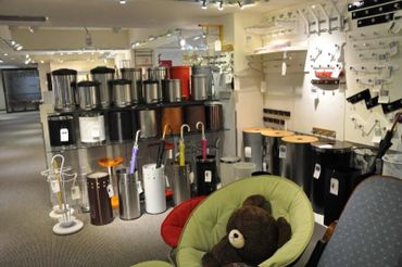 Aking Trading show room in Taipei City, Taiwan. Umbrella stands and trash bin category.