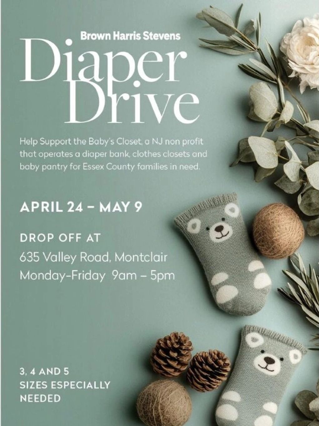 Flyer for a diaper drive supporting Essex County families with drop-off details.