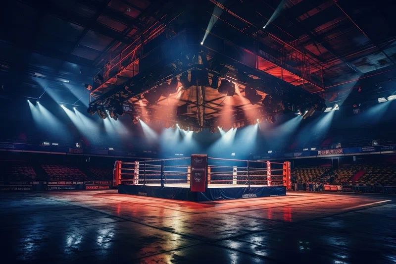 An empty boxing ring illuminated with dramatic overhead lights in an arena.