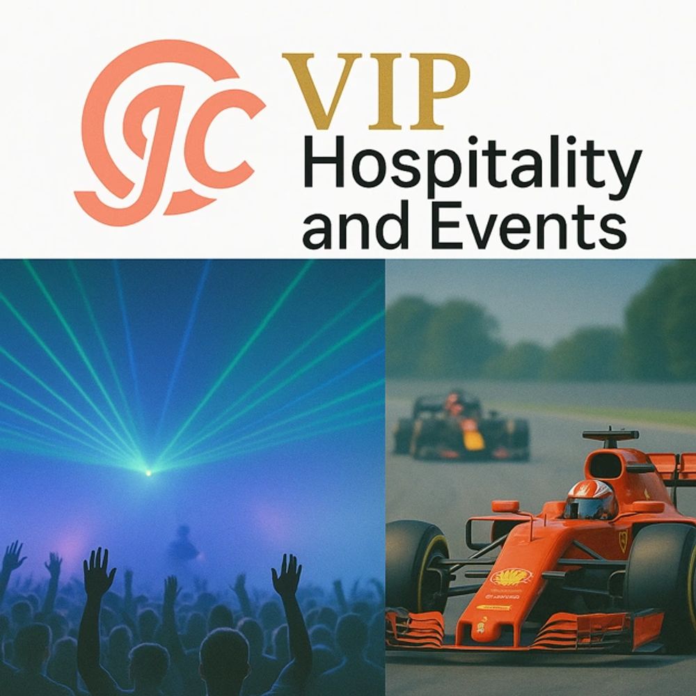 VIP Hospitality and Events logo with concert and Formula 1 racing images.