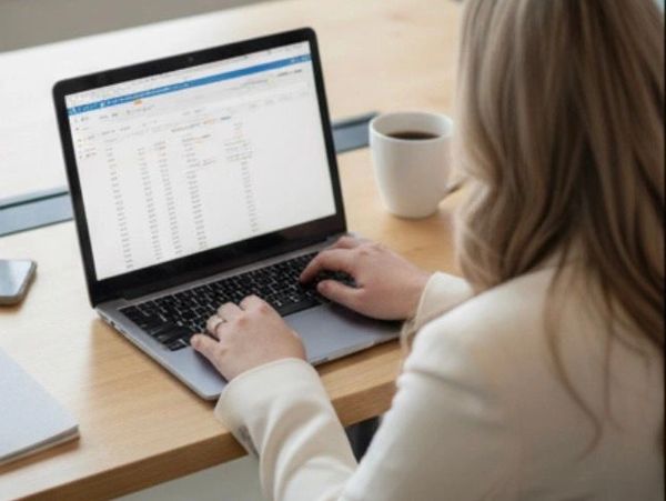 Person working on a laptop with a coffee cup nearby.