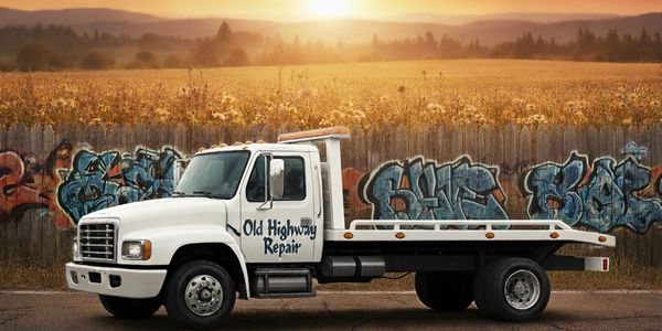 White tow truck with "Old Highway Repair" text, parked by a graffiti-covered fence at sunset.