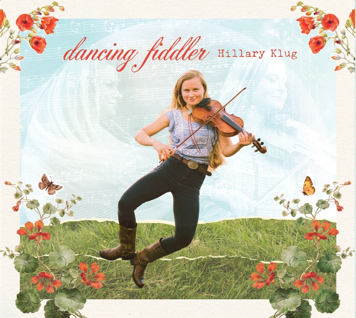 Woman playing fiddle outdoors amid floral frame.