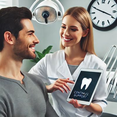 Dentist showing dental care support on tablet to patient.