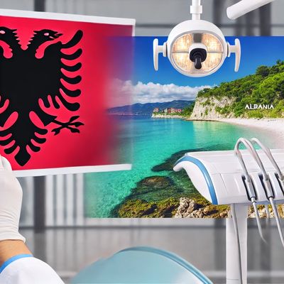 A dental clinic with Albania flag and beach scenery.