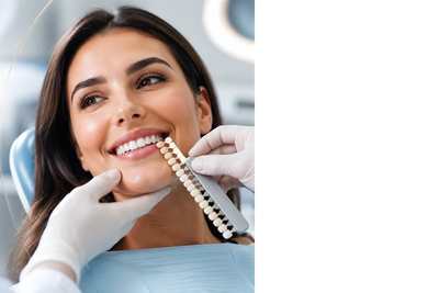 Donna durante la prova di un colore dentale dal dentista.