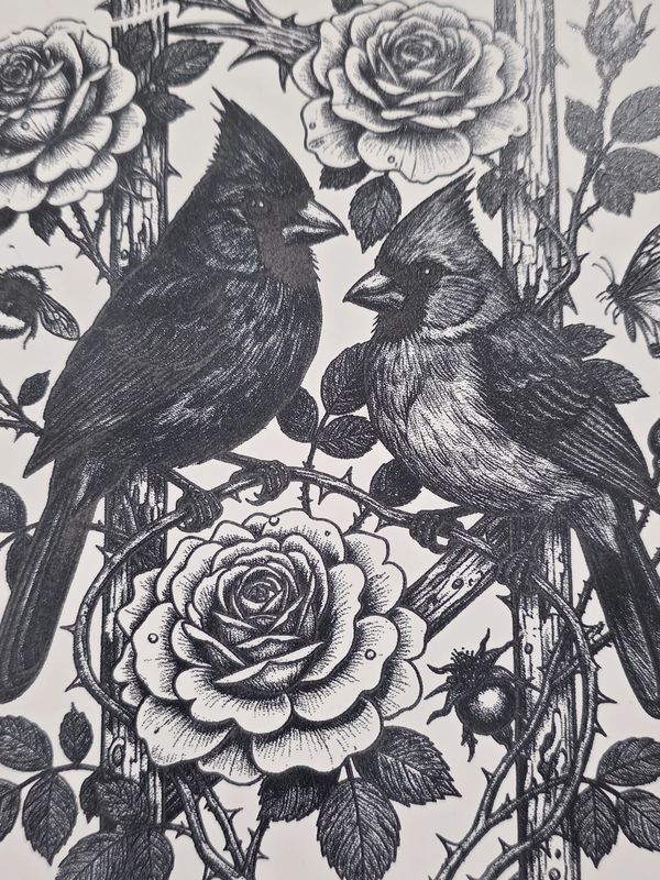 Black and white illustration of two cardinals amidst roses and a butterfly.