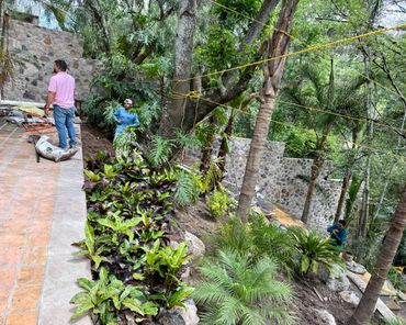 Workers in a garden with stone walls and lush greenery.