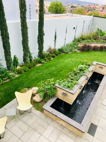Modern backyard with green lawn, tall cypress trees, water feature, and yellow chairs.