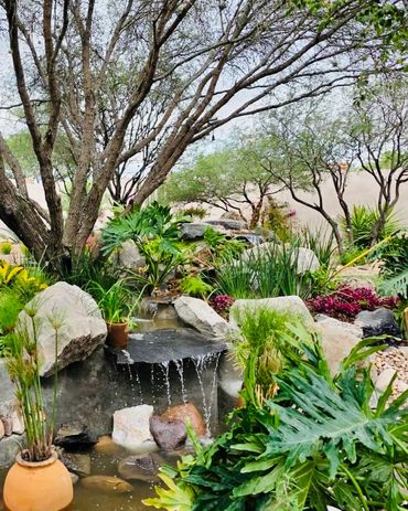 A serene garden with a small waterfall and lush greenery.