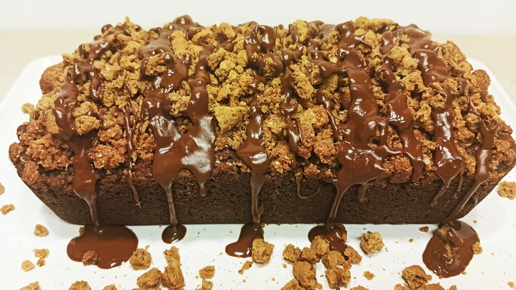 Coffee Cake Topped with Toasted Pecan Cookie Crumbles and Carob Drizzle