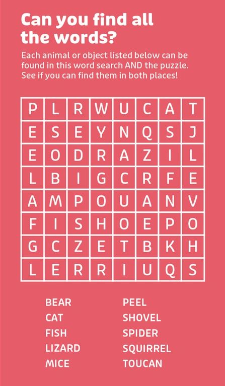 Word search puzzle with animals and objects to find.