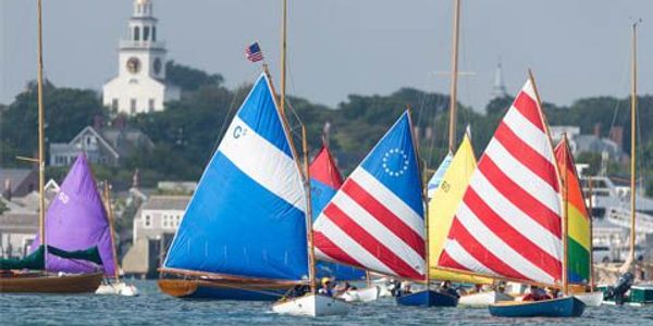 Colorful sailboats on water near a coastal town.