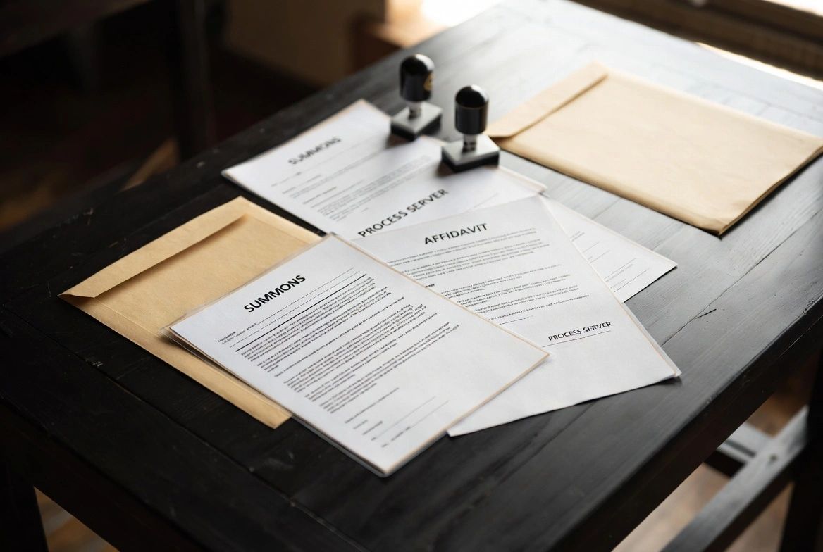 Legal documents and stamps on a desk with folders.