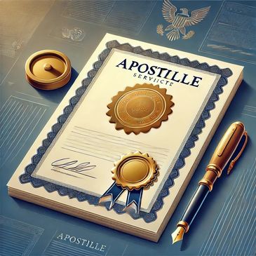Elegant apostille certificate with gold seals and a fountain pen.