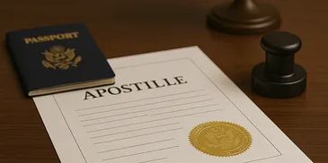A passport and an apostille document with a seal on a wooden table.