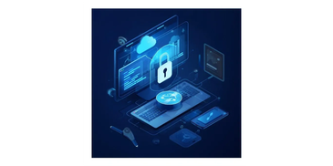 Digital security concept with a lock over a laptop and connected devices.