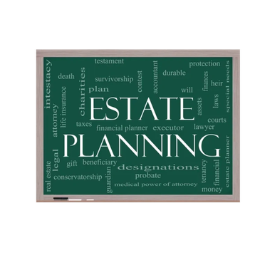 Chalkboard with estate planning-related terms in various fonts.