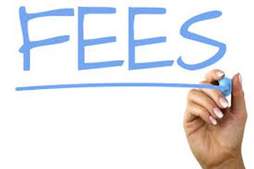 Hand writing the word 'FEES' in blue marker underlined.
