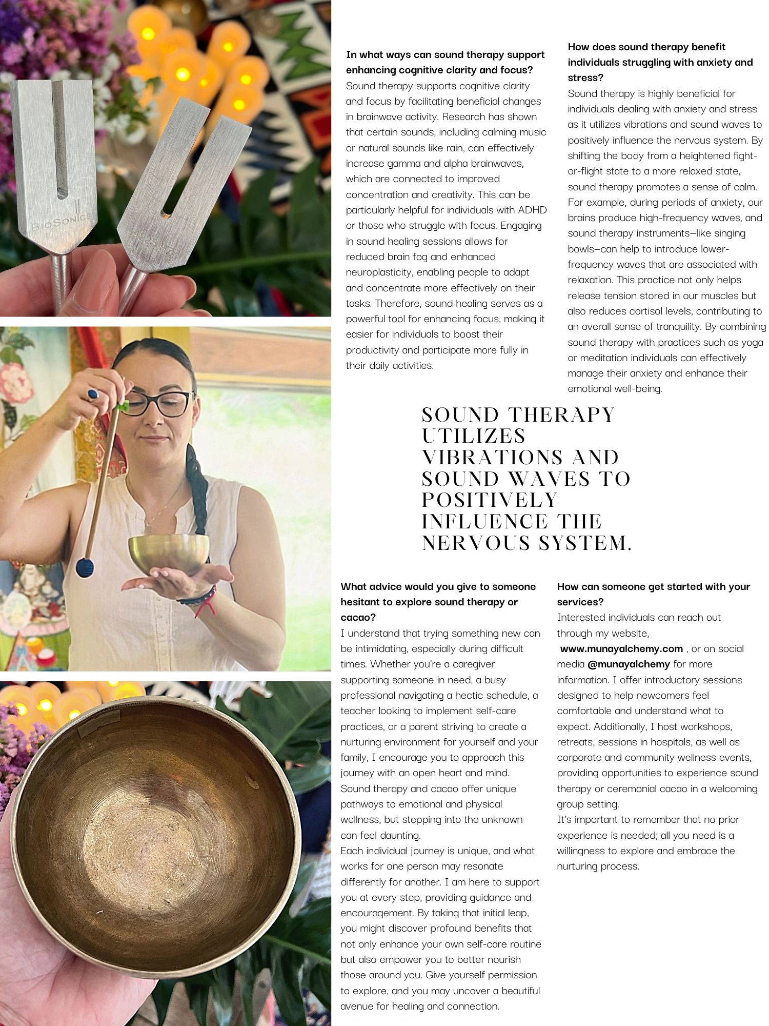 A woman practices sound therapy with tuning forks and a singing bowl for relaxation and healing.