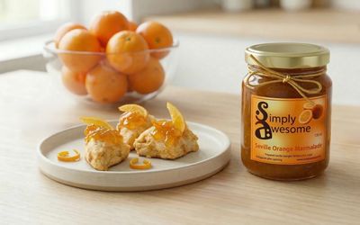 Seville orange marmalade on scones with fresh oranges in the background.