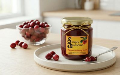 A jar of homemade cranberry sauce with fresh cranberries on a plate and in a bowl.