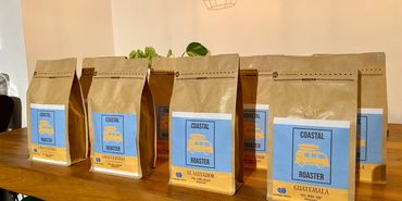 Fresh roasted bags of coffee beans