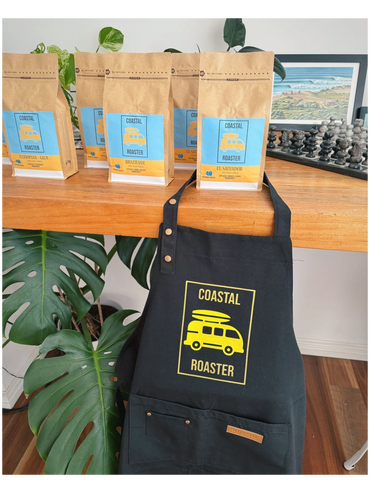 Coastal roaster coffee bags and coffee roasting apron