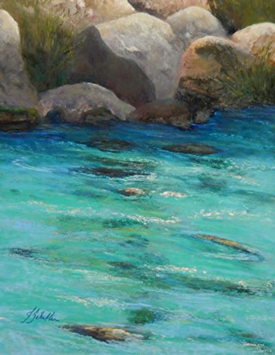 Flowing river with visible rocks beneath the clear water.