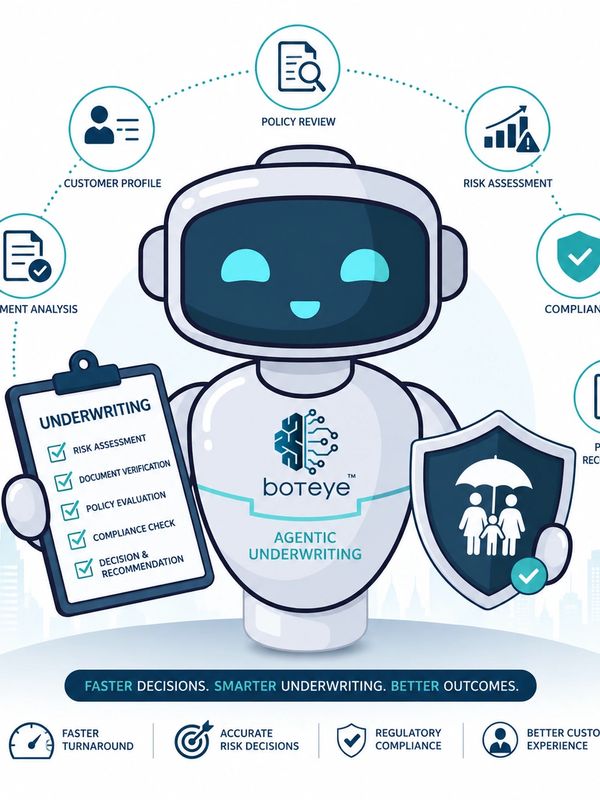 Robot illustration representing intelligent underwriting with checks and shield.