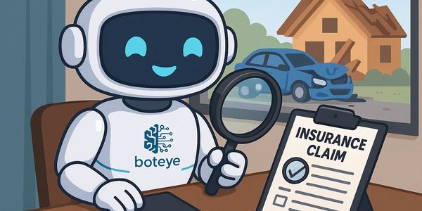 Robot reviewing an insurance claim with a magnifying glass.
