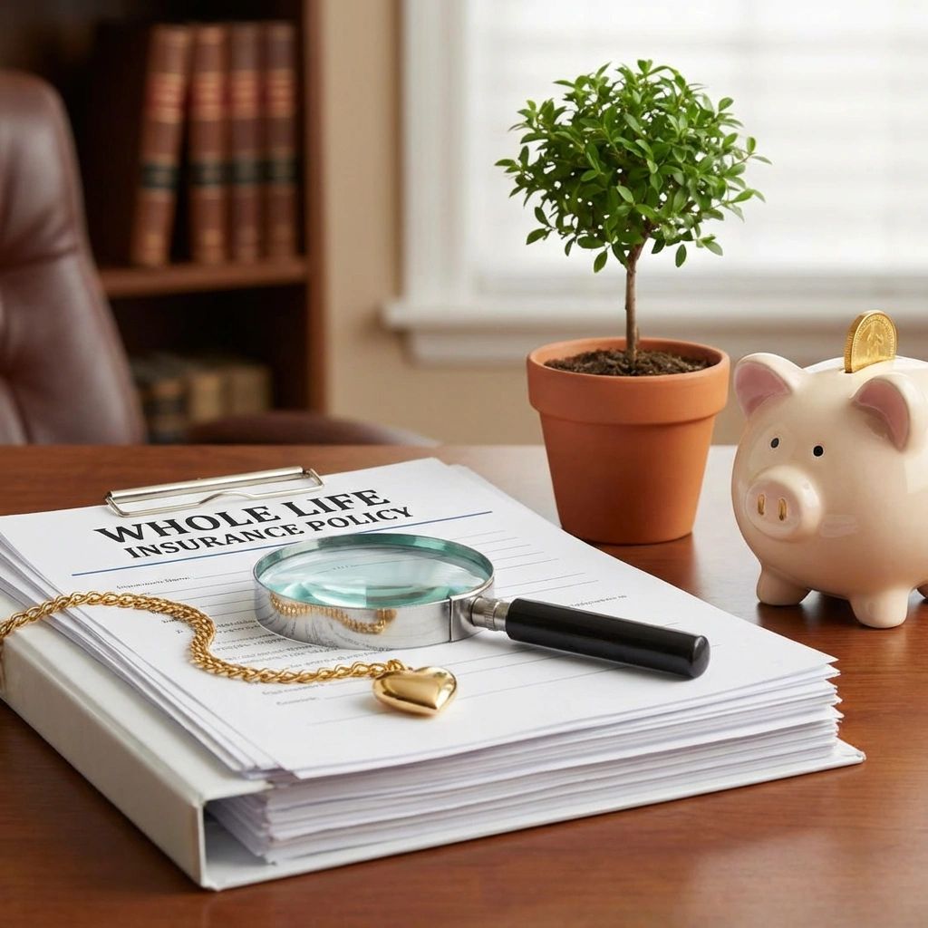 Whole life insurance policy documents with a magnifying glass, gold heart necklace, potted plant, and piggy bank.