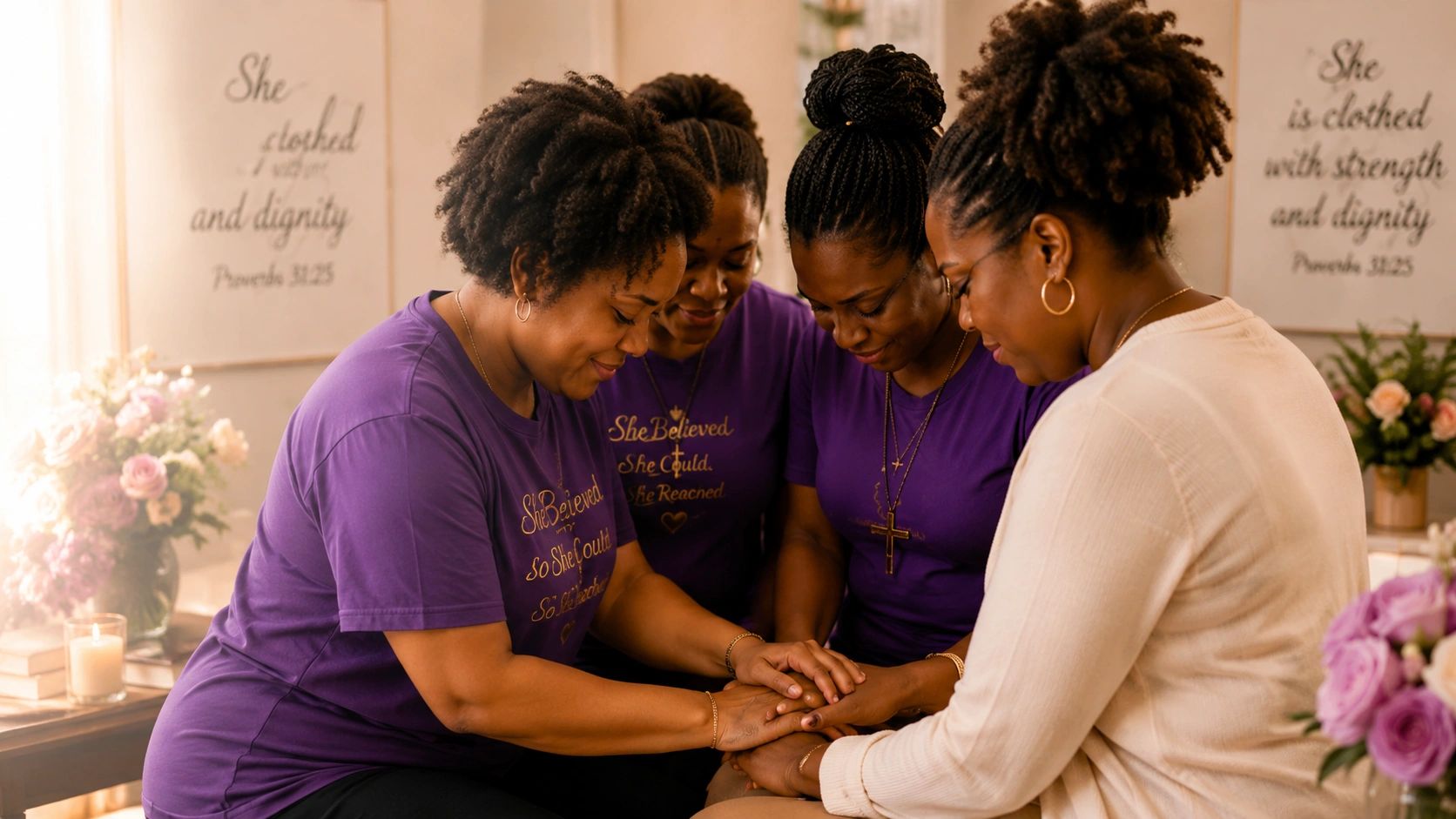 Four women praying together in a cozy, floral room.
