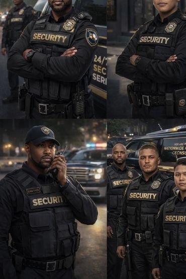 Four professional security guards in uniform, standing confidently outdoors at dusk.