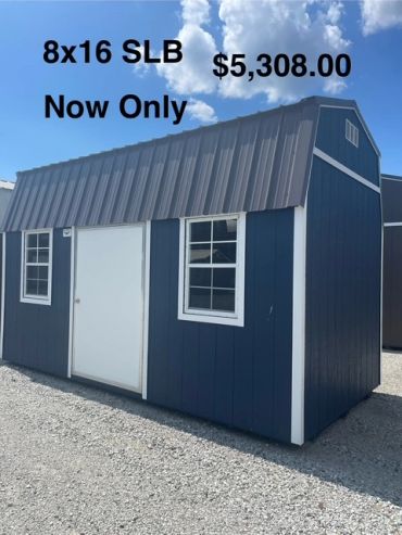 Blue 8x16 storage shed priced at $5,308.