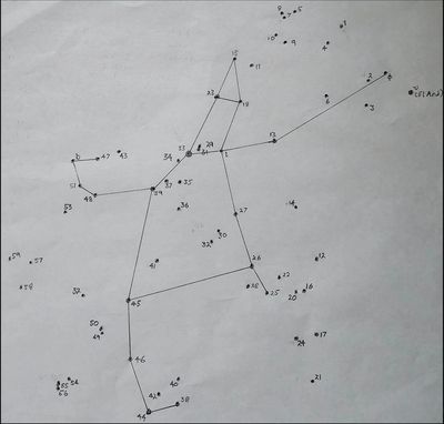 A hand-drawn connect-the-dots puzzle with numbered points and lines between them.