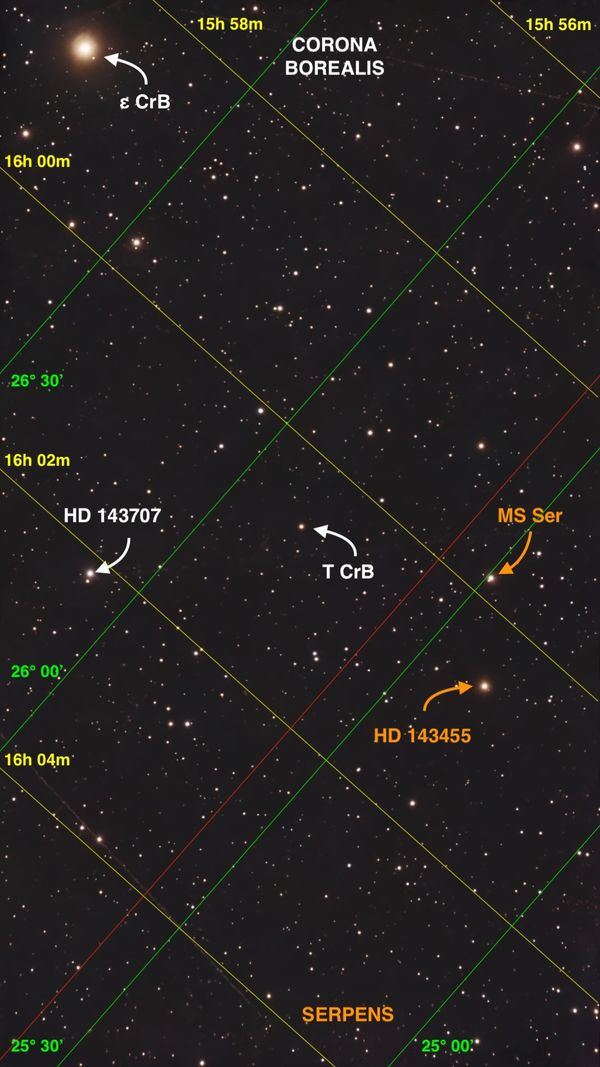 Star map of Corona Borealis and Serpens constellations with labeled stars and coordinates.