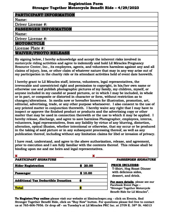 Registration form for Lil Miracles event, Stronger Together Benefit Ride, 2023.