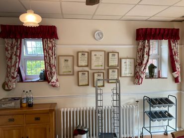 old curtains and pelmets in the dinning room of the care home