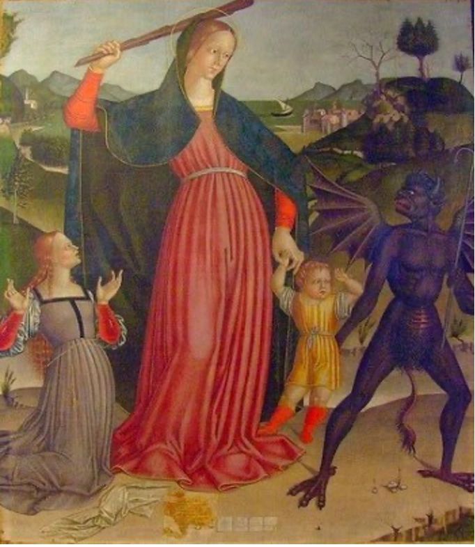 A woman in red confronts a winged demon, protecting children in a medieval setting.