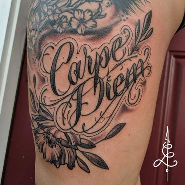 carpe diem tattoo, lettering tattoo, denver tattoo, lakewood tattoo, colorado tattoo