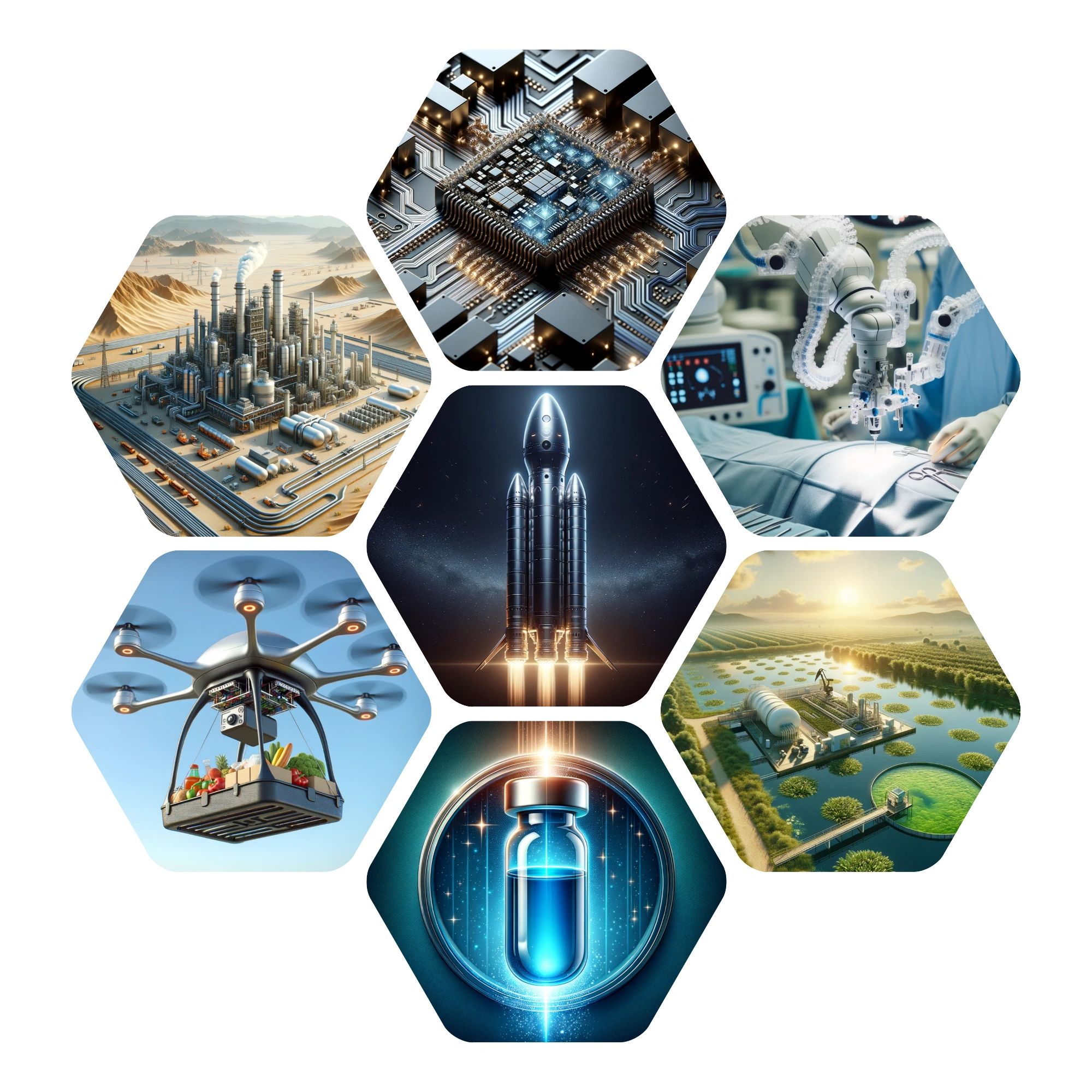 Deep-tech innovation collage including AI, robotics, biotech, clean energy and space exploration