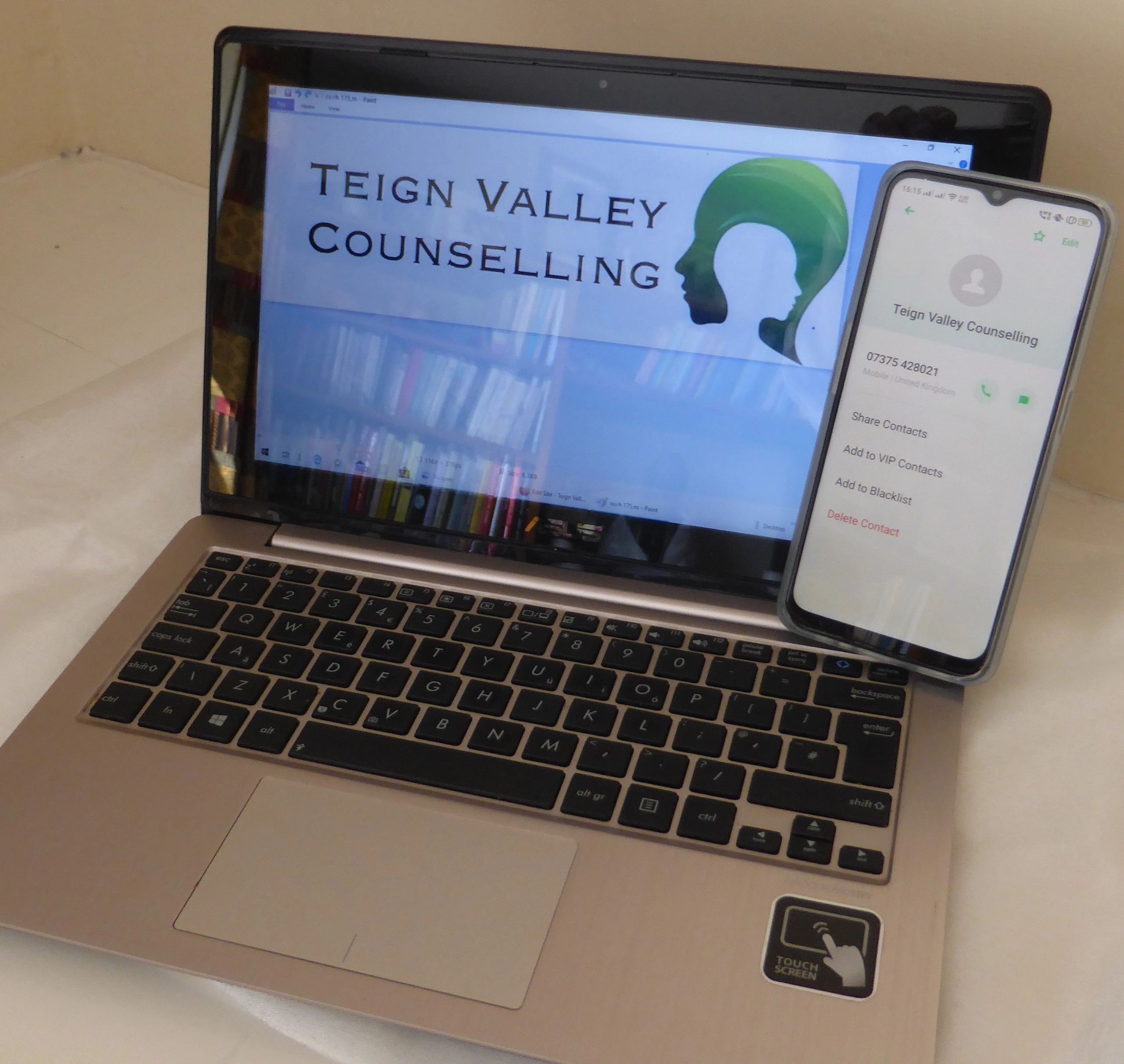 Image showing ways to contact us by laptop or mobile phone with contact number 07375428021