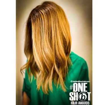 Golden blonde hair styled in soft waves, covering the face.