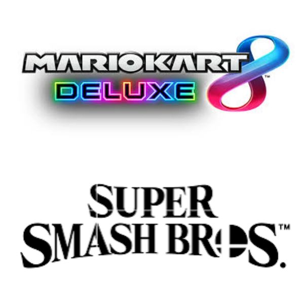 Logos of Mario Kart 8 Deluxe and Super Smash Bros.