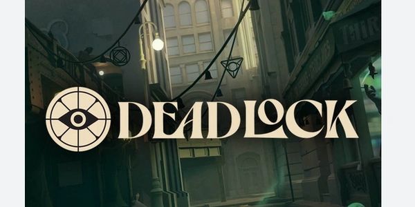 Deadlock logo against an urban background.