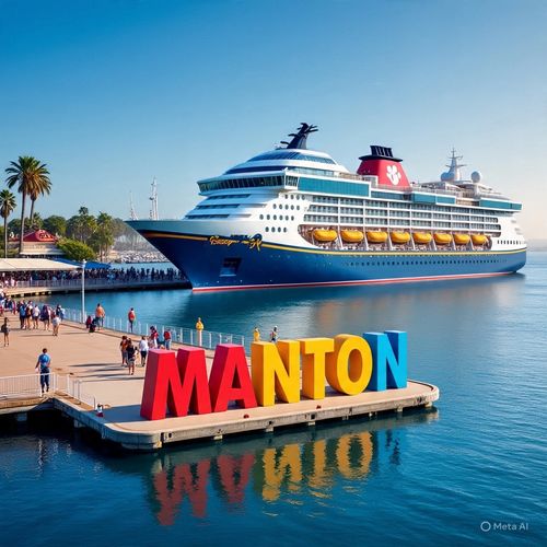 A large cruise ship docked near colorful MANTON letters at a busy pier.