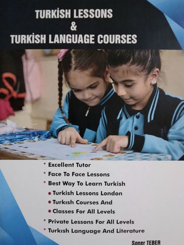 Advertisement for Turkish language lessons and courses with children studying.